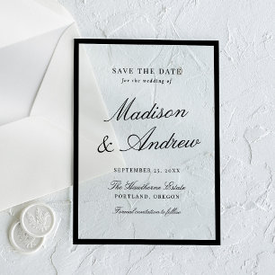 Invitaciones Acrílicas Boda moderna con borde negro, guárdala la fecha