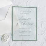 Invitaciones Acrílicas Boda moderna con borde verde salvia, guárdala la f<br><div class="desc">Presenta tu celebración de boda con una elegancia natural utilizando esta tarjeta de aviso de fecha de boda con borde de color verde salvia en acrílico. Un marco de verde salvia elegante rodea el diseño sobre un fondo de acrílico transparente, creando una presentación ligera y atemporal. La caligrafía fluida muestra...</div>