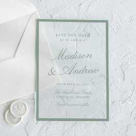 Invitaciones Acrílicas Boda moderna con borde verde salvia, guárdala la f