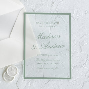 Invitaciones Acrílicas Boda moderna con borde verde salvia Save the Date