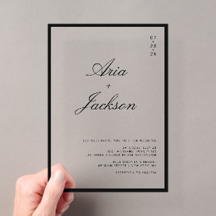 Invitaciones Acrílicas Boda moderna con caligrafía elegante en blanco y n