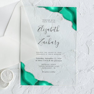 Invitaciones Acrílicas Boda Moderna con Esquinas de Ágata Verde Espuma de