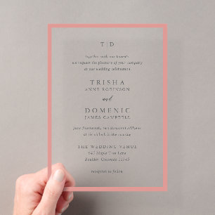 Invitaciones Acrílicas Boda moderna con monograma elegante coral rosa