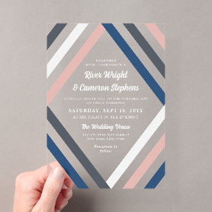 Invitaciones Acrílicas Boda moderna con rayas de diamante grises y azules