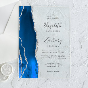 Invitaciones Acrílicas Boda Moderna de Ágata Azul Real y Plata
