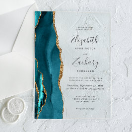 Invitaciones Acrílicas Boda Moderna de Ágata Azul Teal y Oro