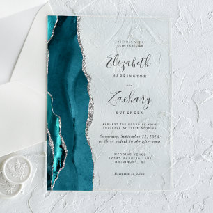 Invitaciones Acrílicas Boda Moderna de Ágata Azul Teal y Plata