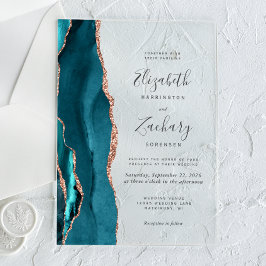 Invitaciones Acrílicas Boda Moderna de Agata Azul Turquesa y Oro Rosa