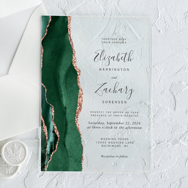 Invitaciones Acrílicas Boda Moderna de Ágata de Oro Rosa Verde Esmeralda (Subido por el creador)