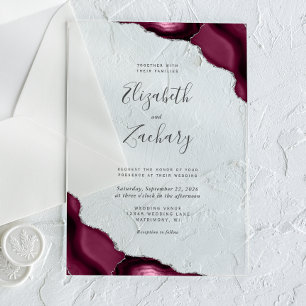Invitaciones Acrílicas Boda moderna de color burdeos con esquinas de ágat
