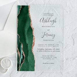 Invitaciones Acrílicas Boda Moderna de Esmeralda Verde y Oro Rosa Ágata