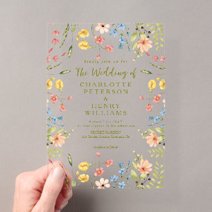 Invitaciones Acrílicas Boda moderna de flores silvestres coloridas elegan
