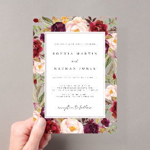 Invitaciones Acrílicas Boda moderna de hoja floral verde de Borgoña trans