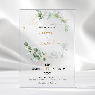 Invitaciones Acrílicas Boda Moderna de Hoja Verde Minimalista de Eucalipt