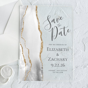Invitaciones Acrílicas Boda moderna de oro blanco gris para salvar la fec