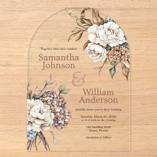 Invitaciones Acrílicas Boda Moderna de Peonía e Hydrangea (Anverso)