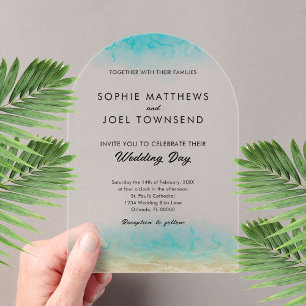 Invitaciones Acrílicas Boda moderna de tema playera azul turquesa de aren