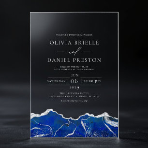 Invitaciones Acrílicas Boda moderna elegante de ágata azul real y plata