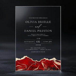 Invitaciones Acrílicas Boda moderna elegante de ágata dorada roja