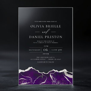 Invitaciones Acrílicas Boda moderna elegante de ágata plateada púrpura