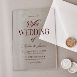 Invitaciones Acrílicas Boda moderna elegante de burgundy oscuro