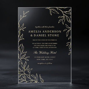 Invitaciones Acrílicas Boda moderna elegante hoja minimal oro