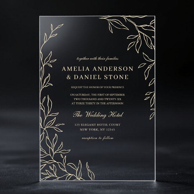 Invitaciones Acrílicas Boda moderna elegante hoja minimal oro  (Subido por el creador)