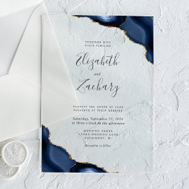 Invitaciones Acrílicas Boda Moderna Esquinas de Ágata Azul Marinho Dorado