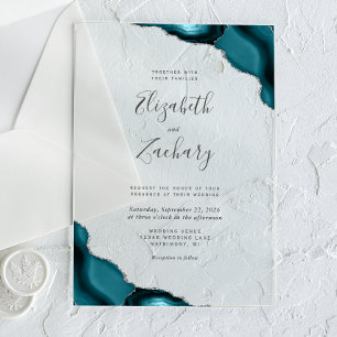 Invitaciones Acrílicas Boda Moderna Esquinas de Ágata Azul Teal Plateado
