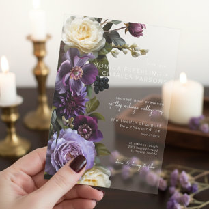 Invitaciones Acrílicas Boda moderna floral lavanda púrpura oscura y sombr