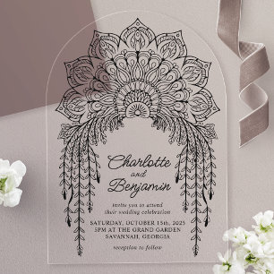 Invitaciones Acrílicas Boda moderna mandala boho negra
