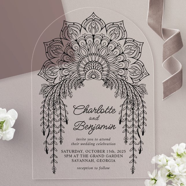 Invitaciones Acrílicas Boda moderna mandala boho negro (Subido por el creador)
