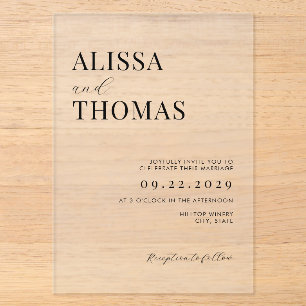 Invitaciones Acrílicas Boda moderna minimalista en blanco y negro