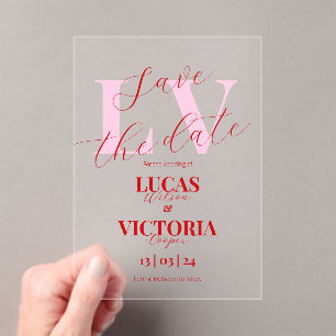 Invitaciones Acrílicas Boda moderna rosa brillante y roja guardar la fech