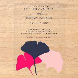 Invitaciones Acrílicas Boda moderna y atrevida con hojas de ginkgo navale