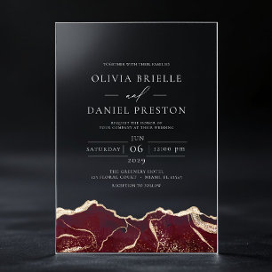 Invitaciones Acrílicas Boda moderna y elegante de ágata dorada y borgoña