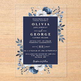 Invitaciones Acrílicas Boda moderno botánico floral azul de la Marina