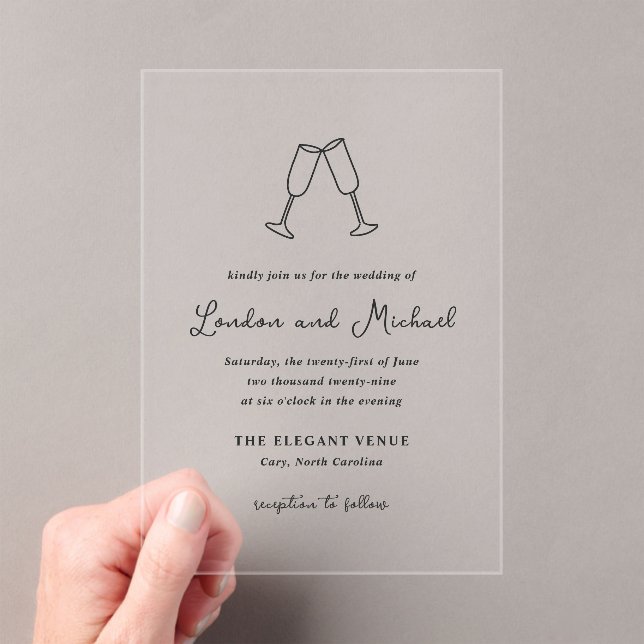 Invitaciones Acrílicas Boda moderno con flautas de piel dibujadas a mano (Insitu (portátil))