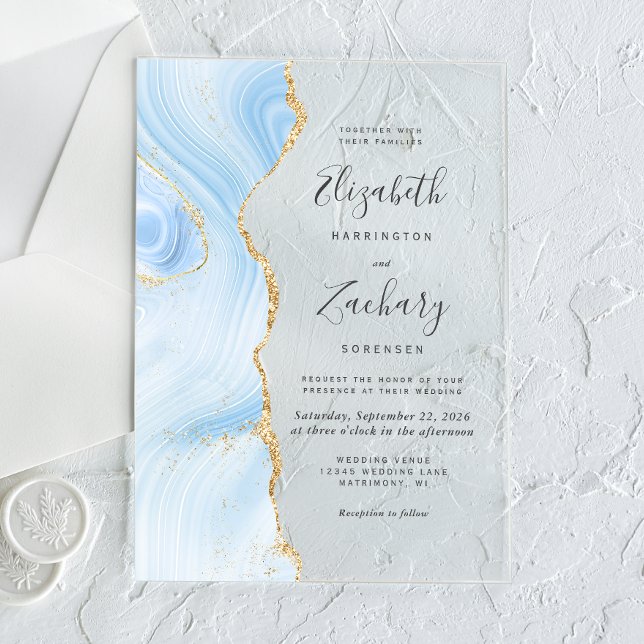 Invitaciones Acrílicas Boda moderno de Baby Blue Gold Agate (Subido por el creador)