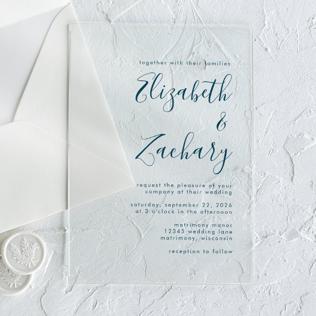 Invitaciones Acrílicas Boda moderno de escritura azul Verde azulada mínim (Subido por el creador)
