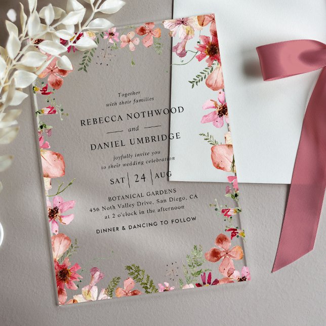 Invitaciones Acrílicas Boda moderno de flores rosadas polvorientas (Subido por el creador)