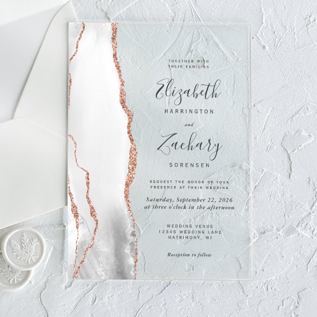 Invitaciones Acrílicas Boda moderno de Gris White Rose Gold Agate (Subido por el creador)