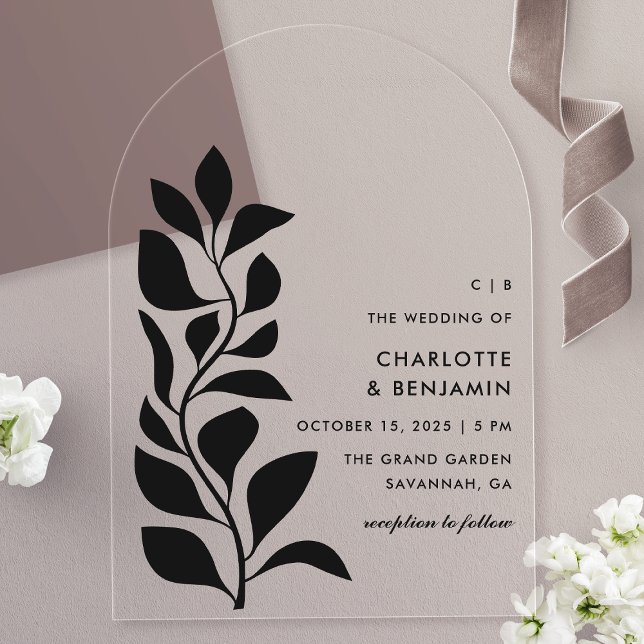 Invitaciones Acrílicas Boda moderno de hojas botánicas negras (Subido por el creador)