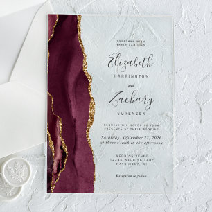Invitaciones Acrílicas Boda moderno de la Bolsa de Oro de Borgoña