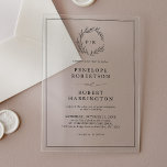 Invitaciones Acrílicas Boda moderno de la hoja minimalista negra y blanca<br><div class="desc">La invitación a una boda acrílica intemporal incluye un monograma minimalista con una corona delicada. Perfecto para bodas formales o tradicionales, la tipografía elegante y la elegancia simple lo convierten en una elección versátil. Completamente personalizable para igualar su día especial, esta invitación combina la sofisticación clásica con el encanto moderno....</div>