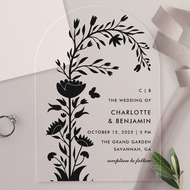 Invitaciones Acrílicas Boda moderno de mariposa floral negra (Subido por el creador)