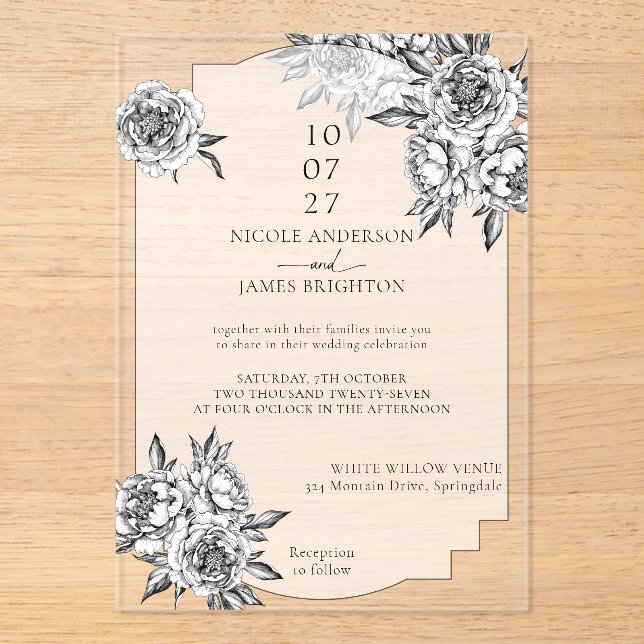 Invitaciones Acrílicas Boda moderno de peonías en blanco y negro (Anverso)
