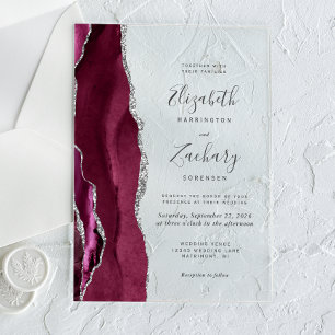 Invitaciones Acrílicas Boda moderno del Agate de Plata Borgoña