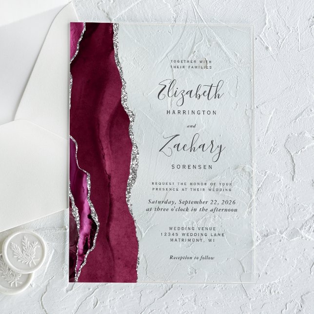 Invitaciones Acrílicas Boda moderno del Agate de Plata Borgoña (Subido por el creador)