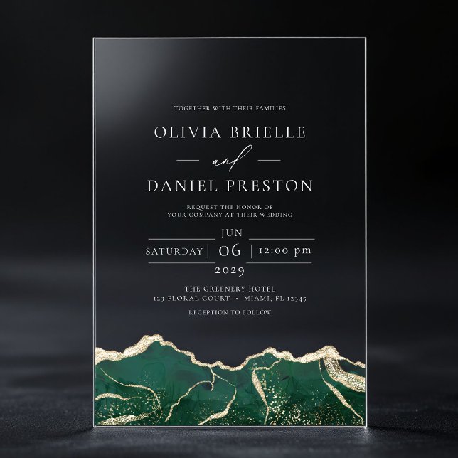 Invitaciones Acrílicas Boda moderno elegante de Emerald Green Gold Agate (Subido por el creador)